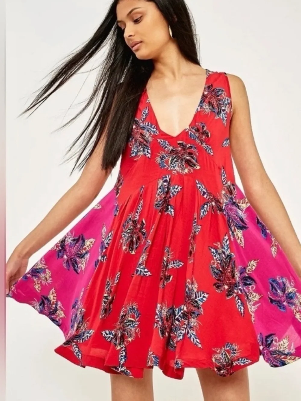 Free People Thought I Was Dreaming Open Back Red Pink Mini Swing Dress Sz XS
